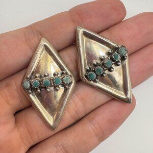 VTG Sterling Silver 925 Turquoise Kite Diamond Shape Earrings Puffed 1.3" L